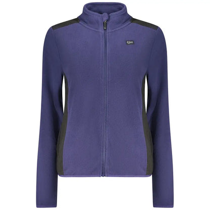 Blå polyester sweatshirt med lilla fleece jakke og sorte paneler