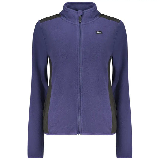 Blå polyester sweatshirt med lilla fleece jakke og sorte paneler