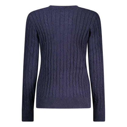 Navy blå viskose sweater med cable-knit mønster og ribbed kanter