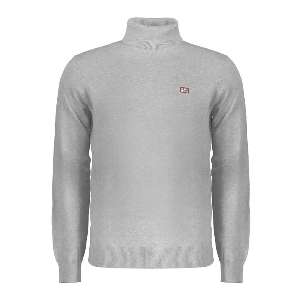 Grå polyester sweater med lys grå turtleneck og logo