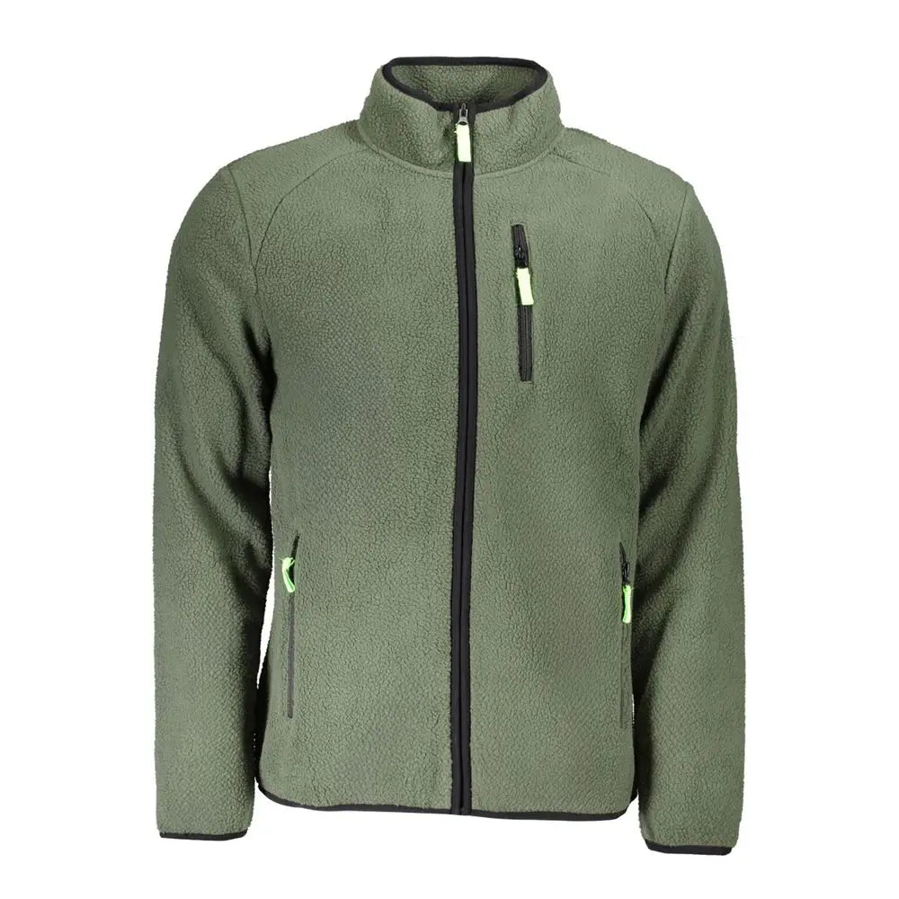 Olivengrøn fleece jakke med sort lynlås og limegrønne træk, 100% originale brands