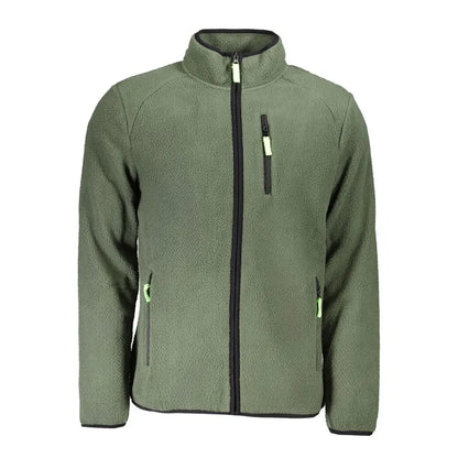 Olivengrøn fleece jakke med sort lynlås og limegrønne træk, 100% originale brands
