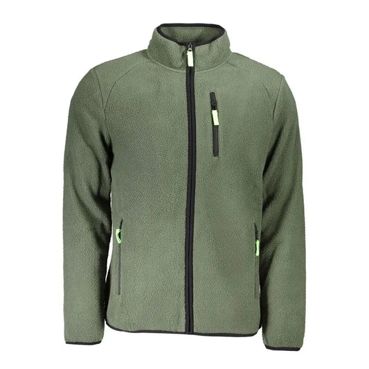 Olivengrøn fleece jakke med sort lynlås og limegrønne træk, 100% originale brands