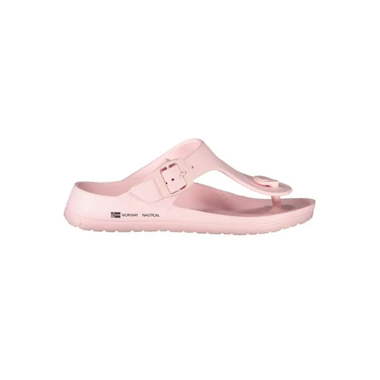 Pink plastic women sandal with buckle strap and heart toe detail