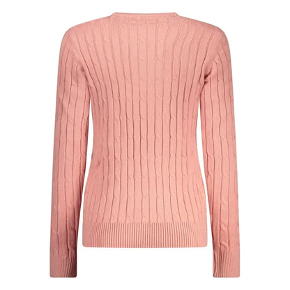 Blød rosa viscosa cable-knit sweater med rund hals og ribkante manchetter