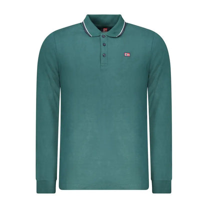 Teal langærmet polo shirt i grønne farve med hvid og marine krave, norsk flag og verde cotton