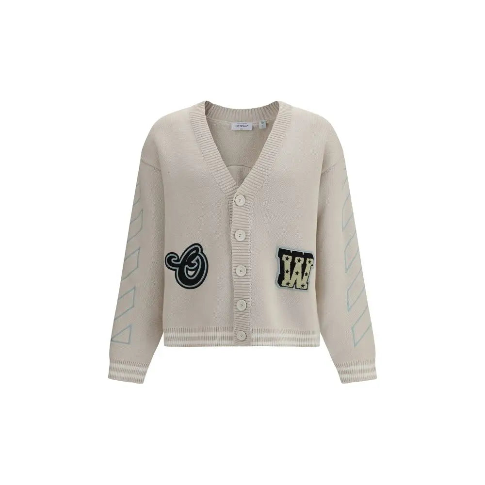 Off-white beige cotton cardigan med sorte og hvide broderede patches
