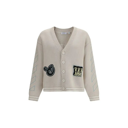 Off-white beige cotton cardigan med sorte og hvide broderede patches