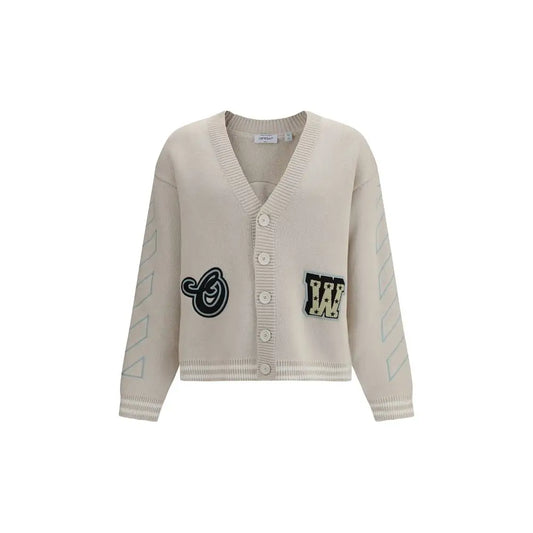 Off-white beige cotton cardigan med sorte og hvide broderede patches