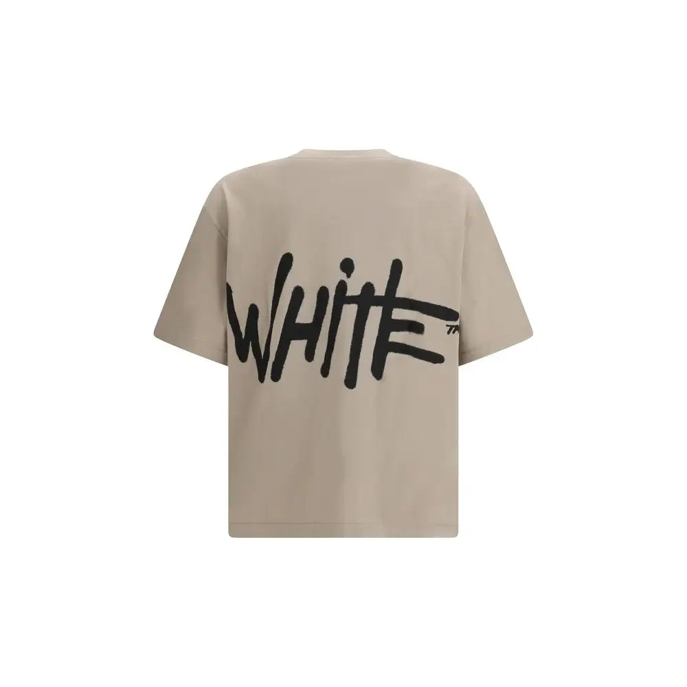 Off-White beige cotton sportswear t-shirt med sortgraffiti white-tryk på ryggen
