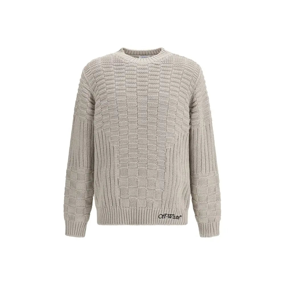 Off-white beige cotton sweatshirt med ternet checkermønster og ribbets manchetter