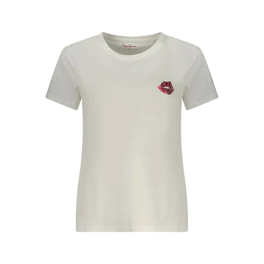 Off-white Pepe Jeans Bianco cotton women t-shirt with pink lip embroidery