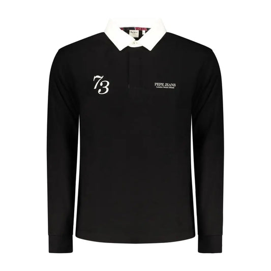 Pepe jeans sort langærmet rugbytrøje med hvid krave og 73-broderi, 100% originale brands