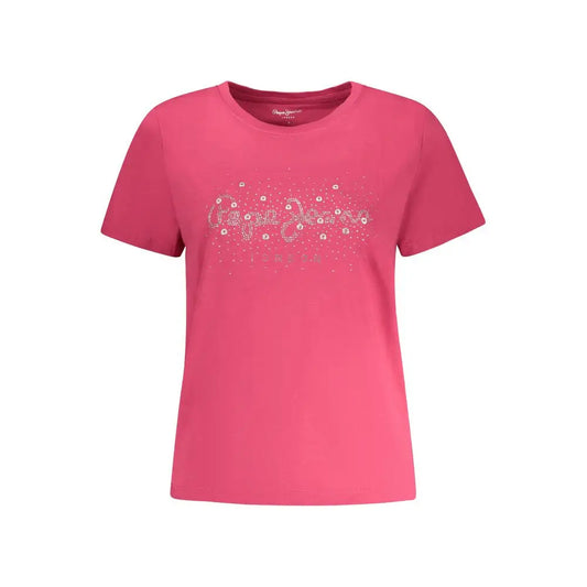 Rosa Pepe Jeans bomuld kvinders t-shirt med pink farve og sølvlogo