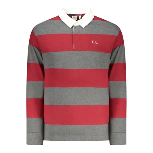 Rød og grå vandret stribet langærmet Pepe Jeans Rosso Cotton polo shirt med hvid krave