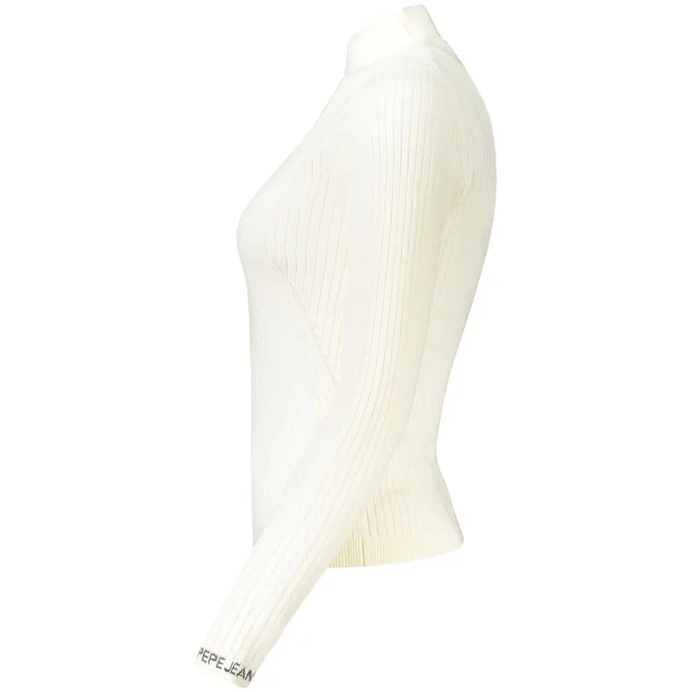 Hvid ribbet Pepe Jeans bomuldssweater med logo på manchet