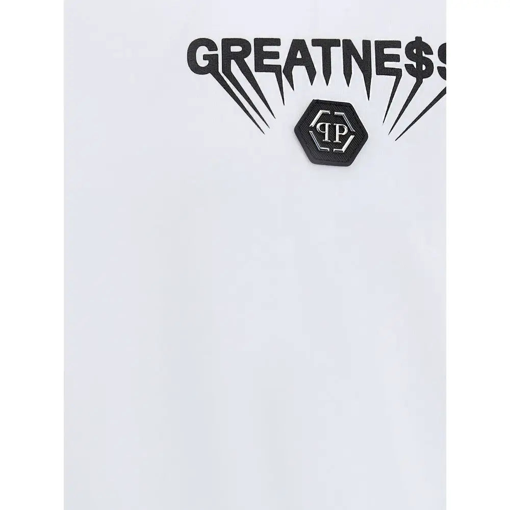 Philipp Plein white cotton t-shirt with bold black greatness lettering and hexagonal logo patch