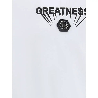 Philipp Plein white cotton t-shirt with bold black greatness lettering and hexagonal logo patch