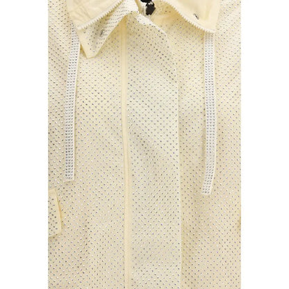 Pinko bicolor polyester regnjakke i cremfarvet med perforeret tekstur og sølv lynlås