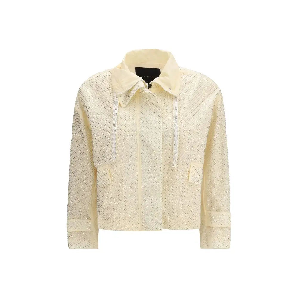 Pinko bicolor polyester jakke i kremfarvet, perforeret stof med krave og lynlås