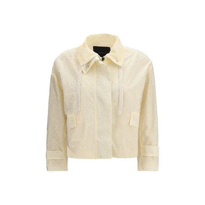 Pinko bicolor polyester jakke i kremfarvet, perforeret stof med krave og lynlås