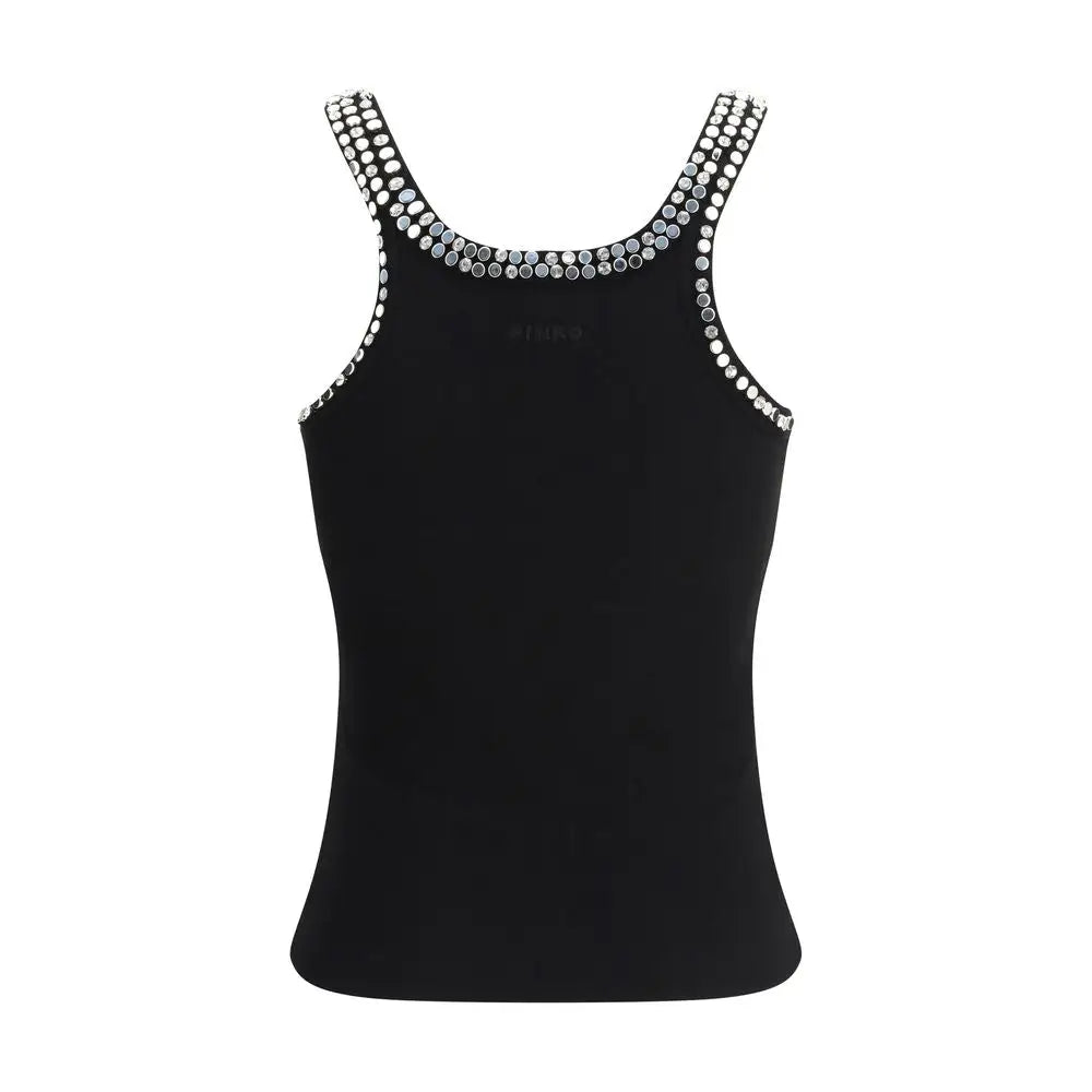 Pinko black cotton top med sølv rhinesten ved hals og skulderbånd