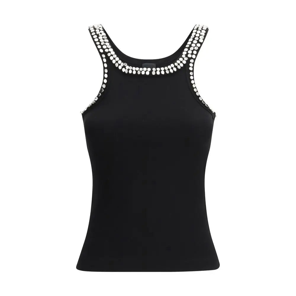 Pinko black cotton top med sort ærmer og sølvstrass