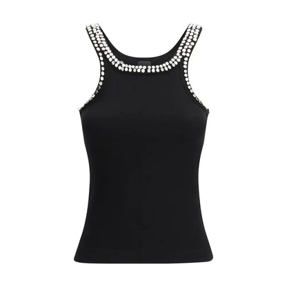 Pinko black cotton top med sort ærmer og sølvstrass