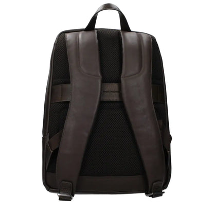 Piquadro brun læderrygsæk med sort mesh og justerbare stropper, 100% originale brands