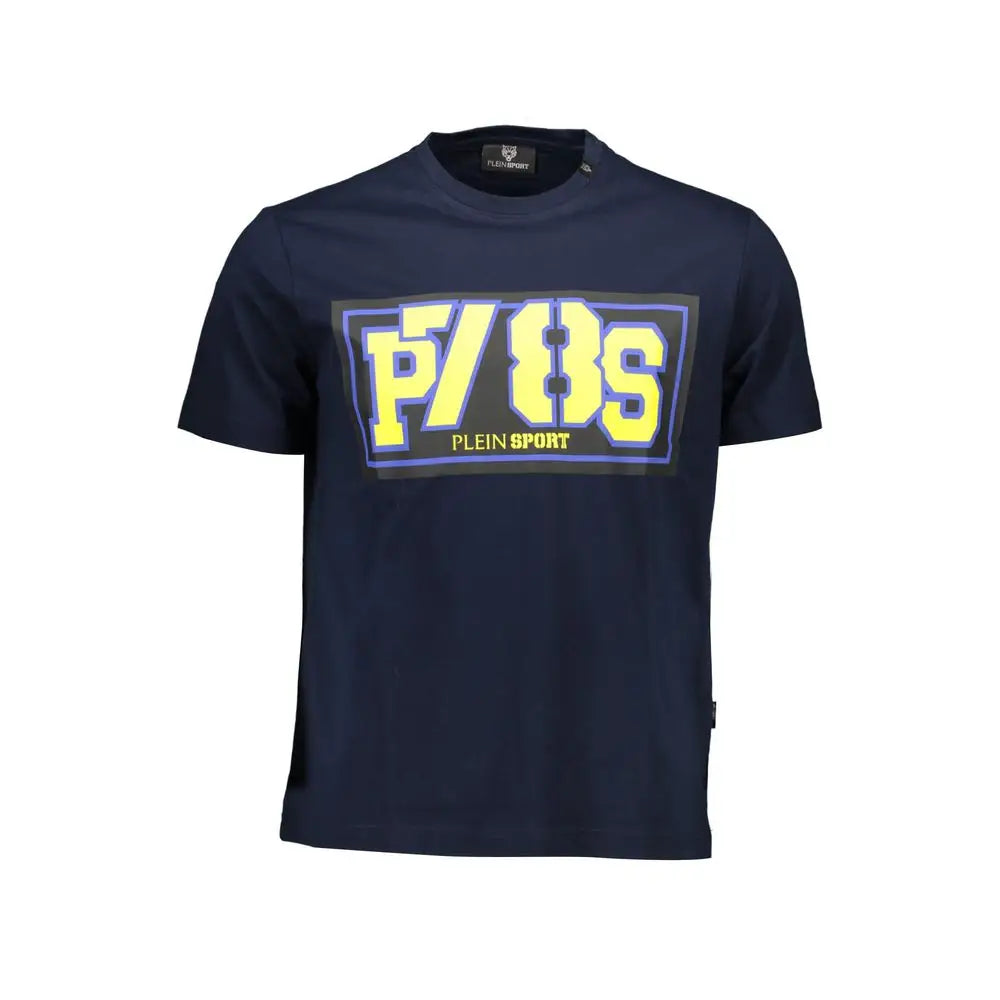 Navy blå kortærmet t-shirt fra Plein Sport i bomuld med gul og lilla grafik