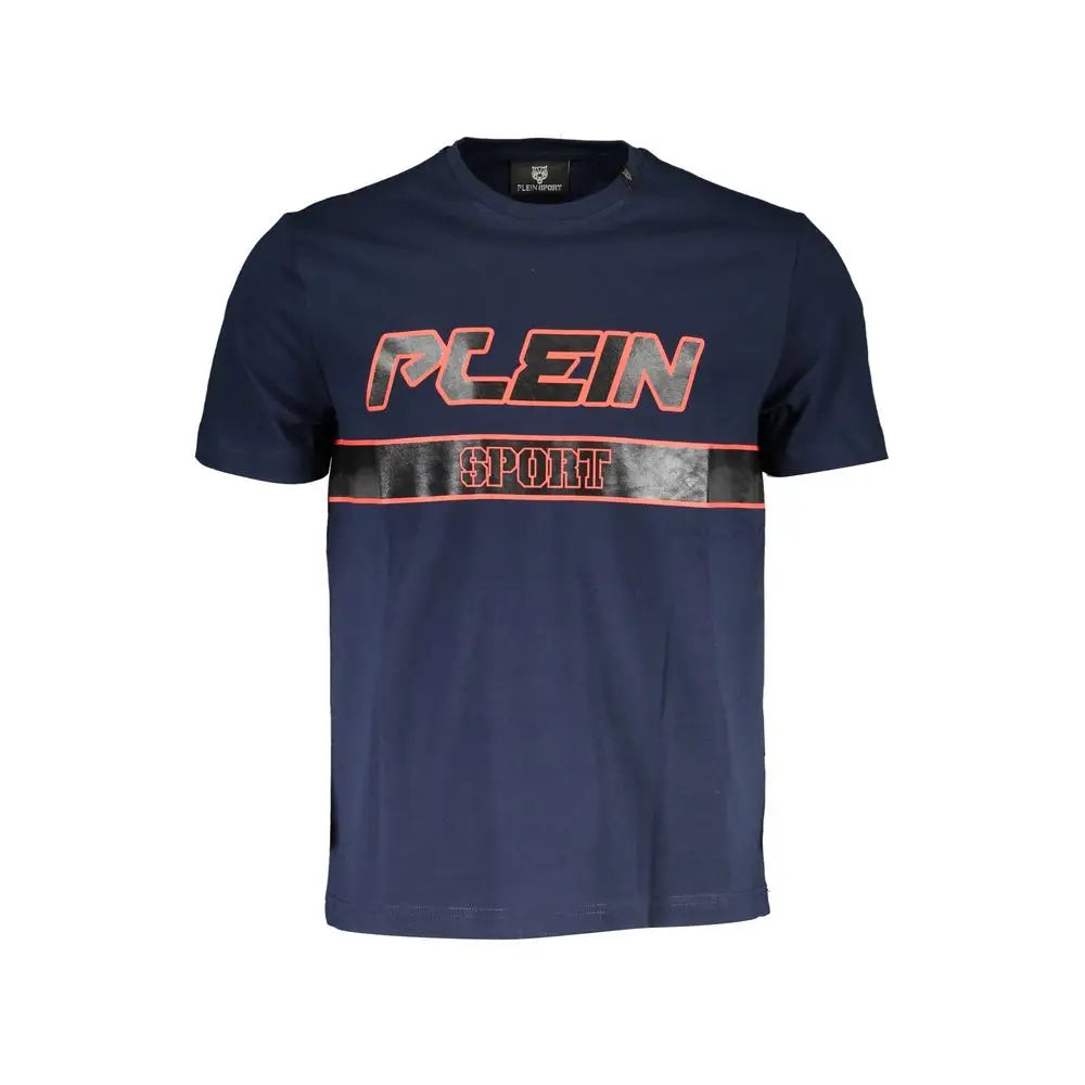 Navy Plein Sport Blue Cotton T-Shirt med orange kantet tekst og sort stribe