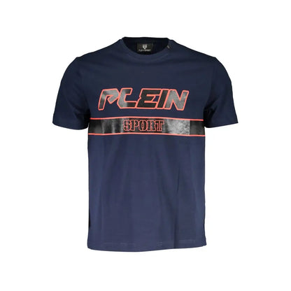 Navy Plein Sport Blue Cotton T-Shirt med orange kantet tekst og sort stribe