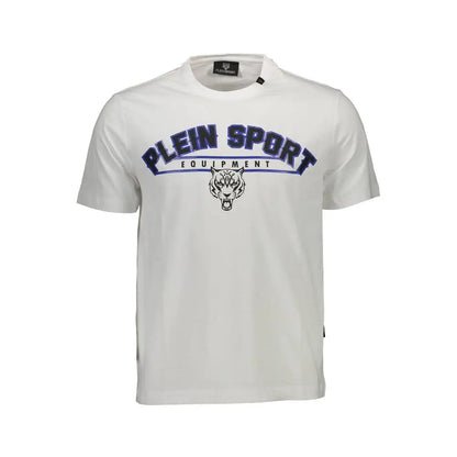 Plein Sport white cotton t-shirt med blå og sort tigerlogo