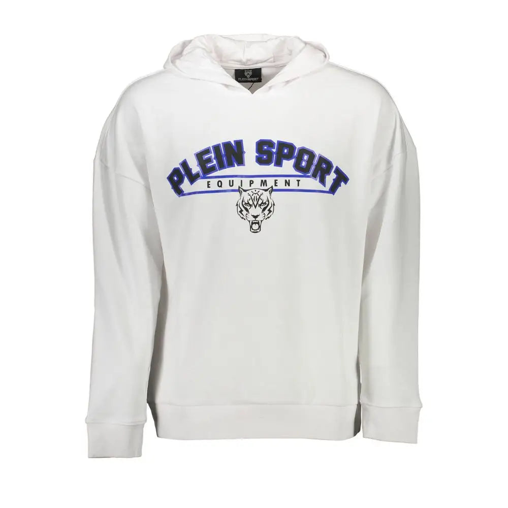 Plein Sport white cotton hoodie with blue arched logo and tiger head