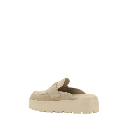 Prada beige rubber mules med beige mockasuede og chunky platform sål