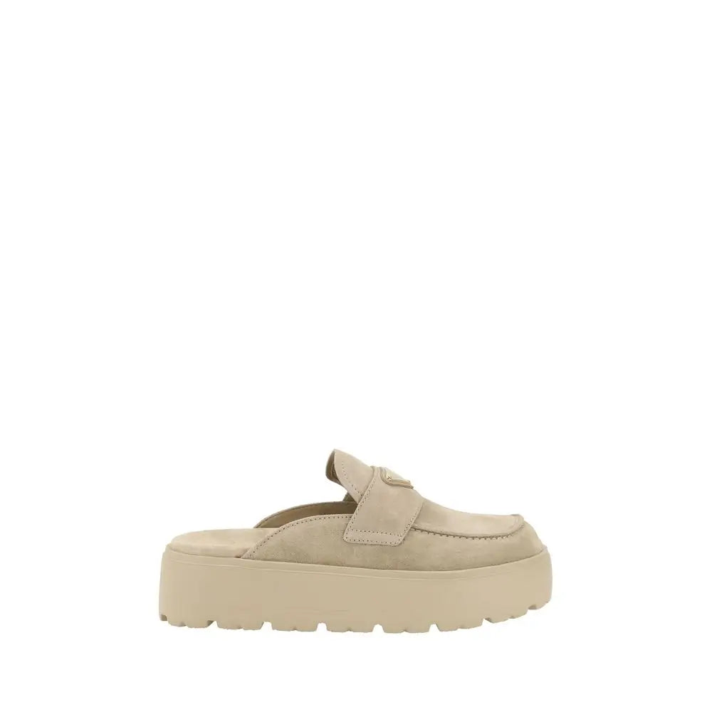 Prada beige rubber mules i beige suede med platform sål