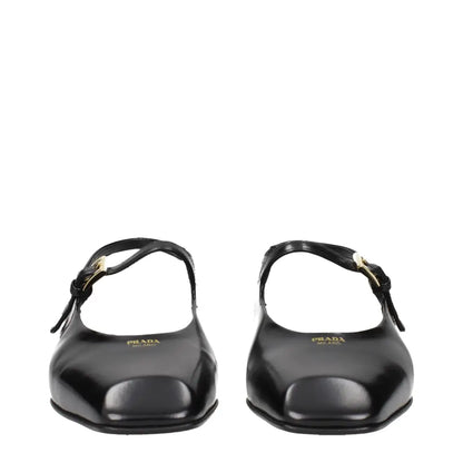 Prada black leather flat sandals with square-toe and gold buckle straps