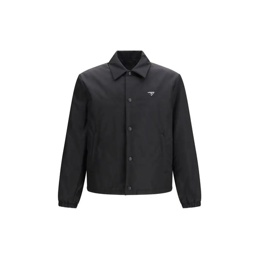 Prada black recycled polyamide coat with triangular logo on chest