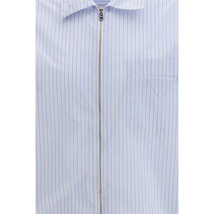 Prada blå polyamid mønster shirt med lyseblå og hvide striber, lynlås og trekantet lomme