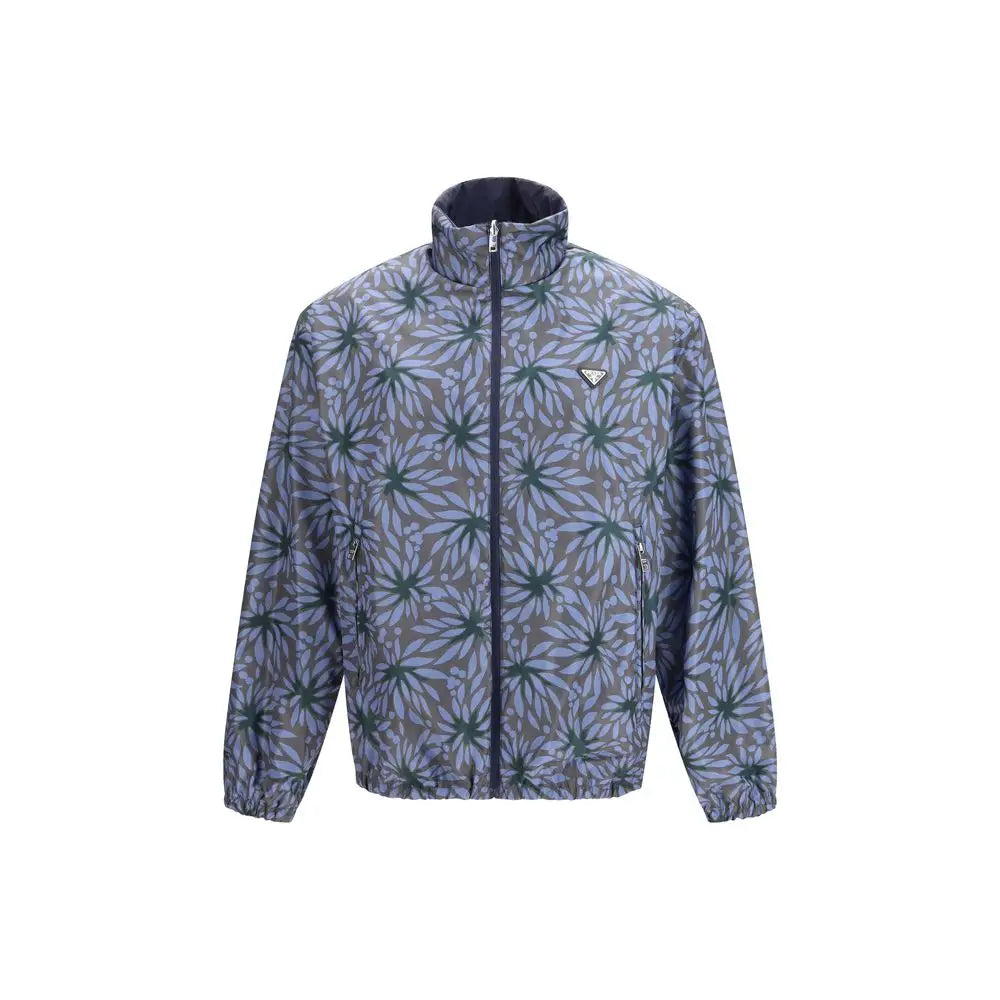 Prada blue recycled polyamide shell jacket with gray-blue floral pattern