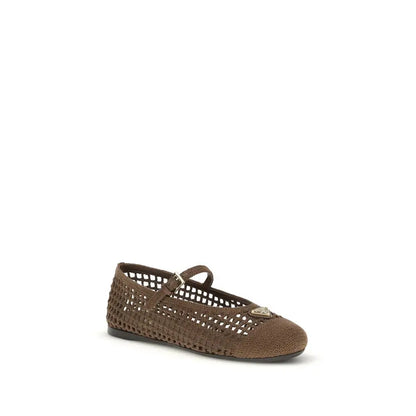 Prada brune bomuld ballet flats med flettet mesh og metallisk trekantlogo