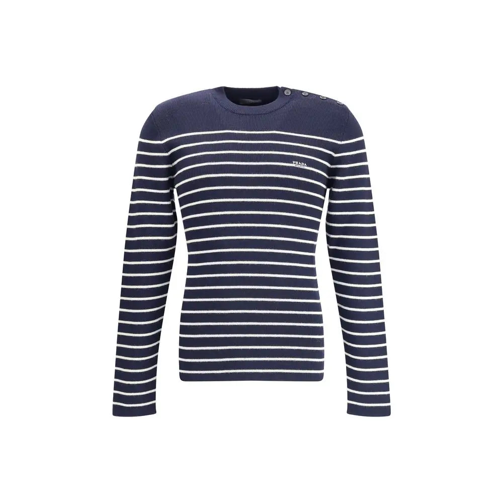 Prada striped sweater i marineblå og hvid med logo