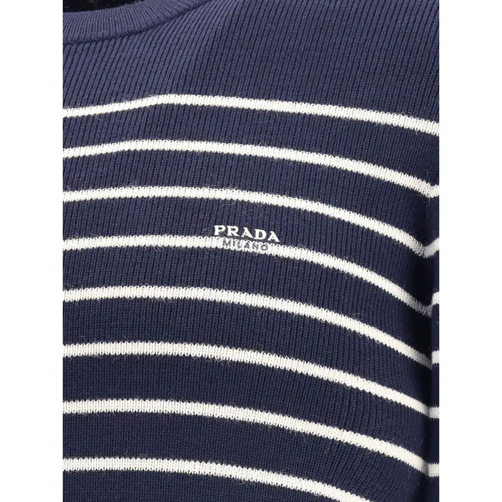 Navyblå og hvid stribet Prada-strikkesweater med Milano-logo