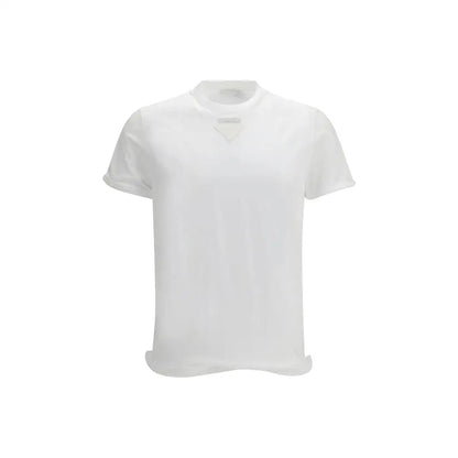 Hvid Prada bomuld T-shirt med minimalistisk design og trekantet logo ved halsudskæringen