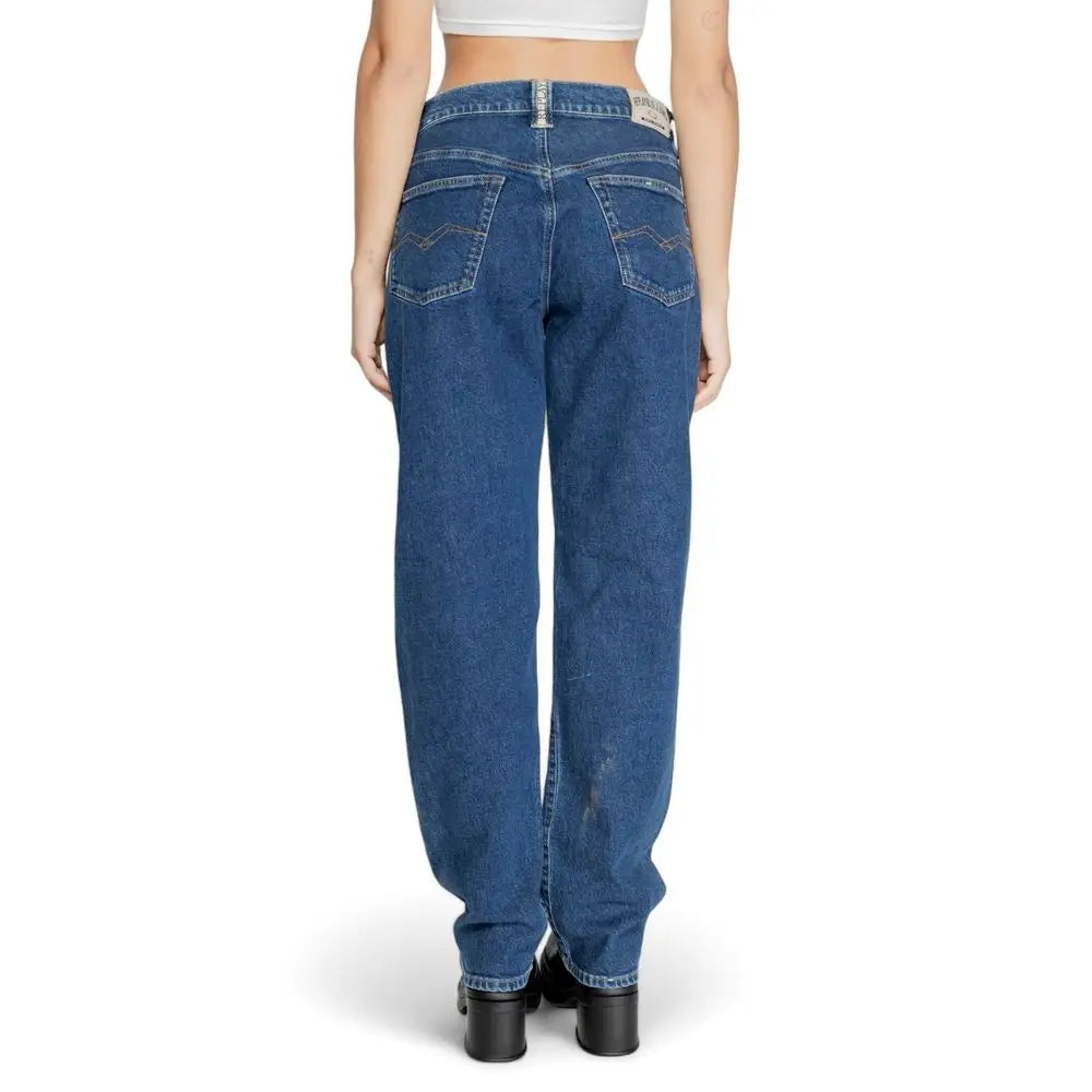 Replay blue cotton jeans i klassisk fem-lomme design med synligt mærkelabel