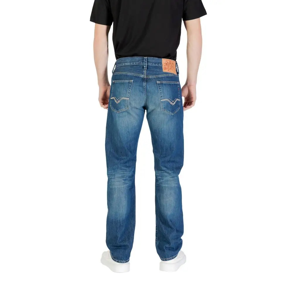 Replay Blue Cotton Relaxed Fit Jean med falmet vask og hvid syning på bagside lommer