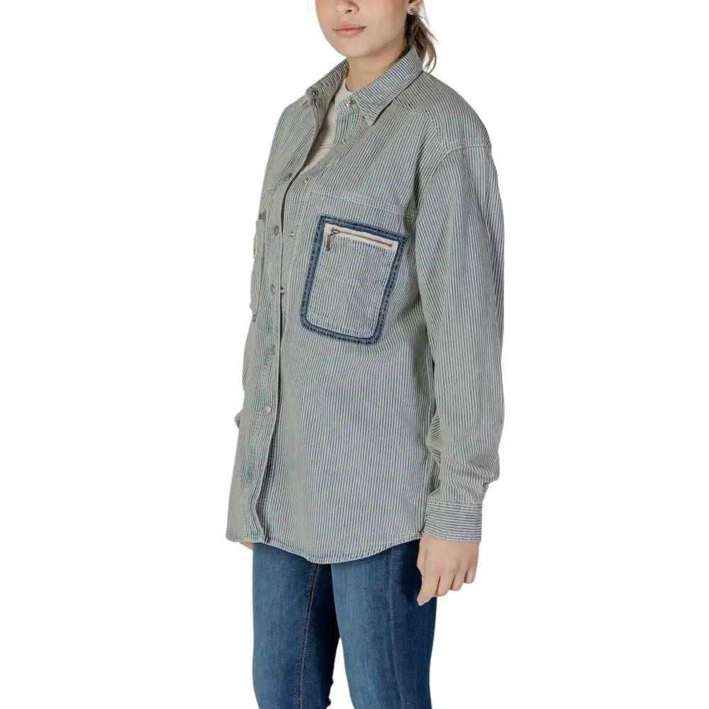 Replay Blue Cotton striped shirt with denim pocket