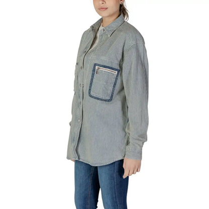 Replay Blue Cotton striped shirt with denim pocket