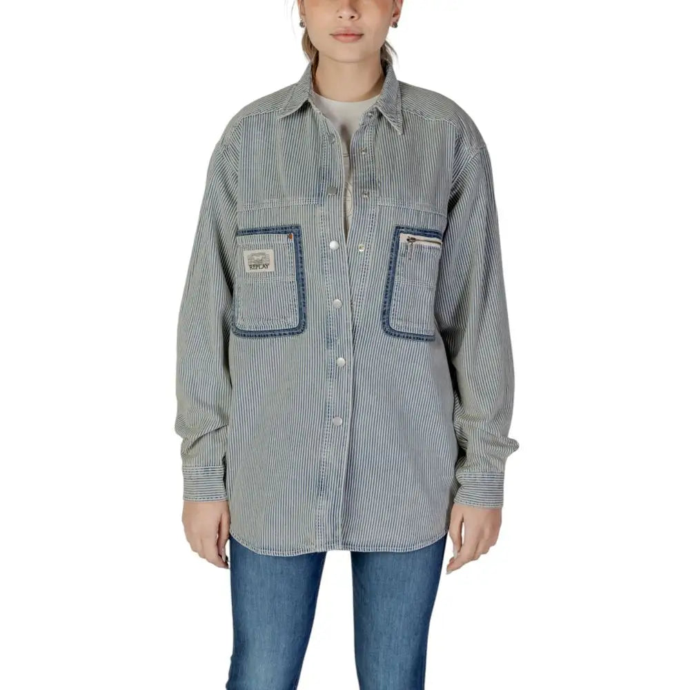 Replay Blue Cotton Shirt i grå-hvid stribet mønster med denimkanter