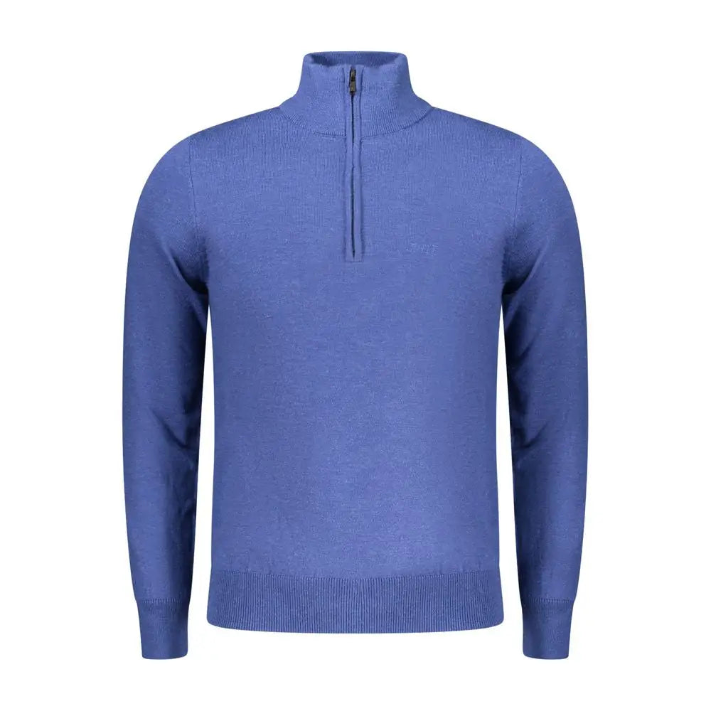Solid rifle blue wool herresweater med halvrækslutter, lange ærmer, ribkrave og manchetter